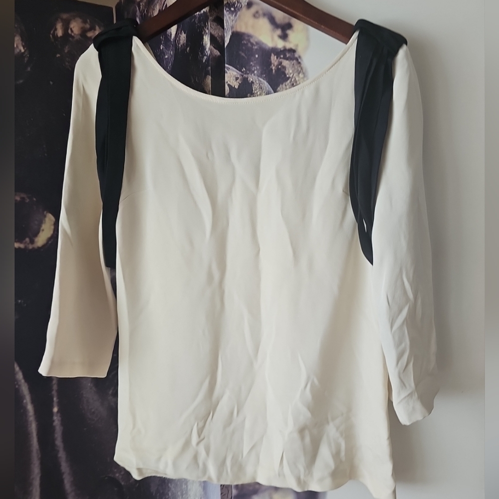LOEFFLER RANDALL Women's Ivory w/ Black Straps Satin‎ Charmeuse Blouse Size 4